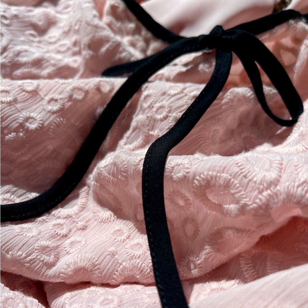 Coquette Y2k Feminine Pastel Pink Floral Sheer Lace Puff Sleeve Bow Blouse Top - Picture 4 of 4